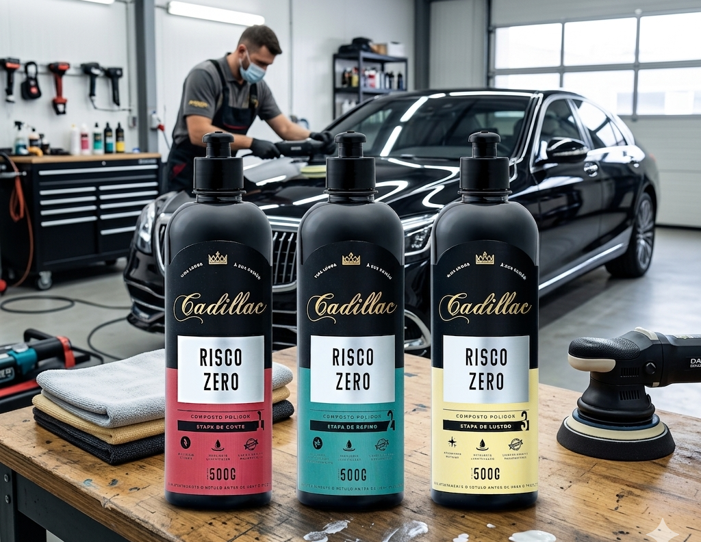 kit polimento cadillac em uma bancada de madeira com homem fazendo polimento automotivo ao fundo com uma politriz